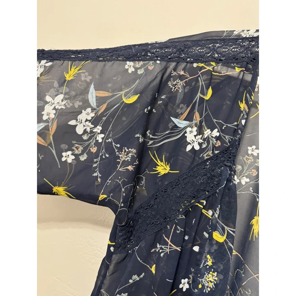 Before You Collection Navy‎ Blue Floral Chiffon Kimono Lace Trim Festival Layer